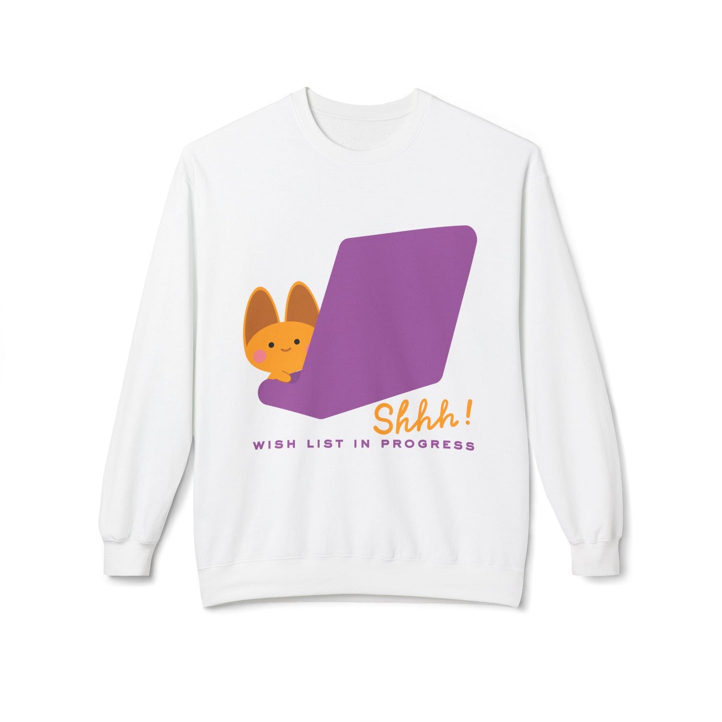 Teen/Adult Unisex Shhh Wish List in Progress Sweatshirt â€“ Cute Holiday Laptop Cat Design Printify