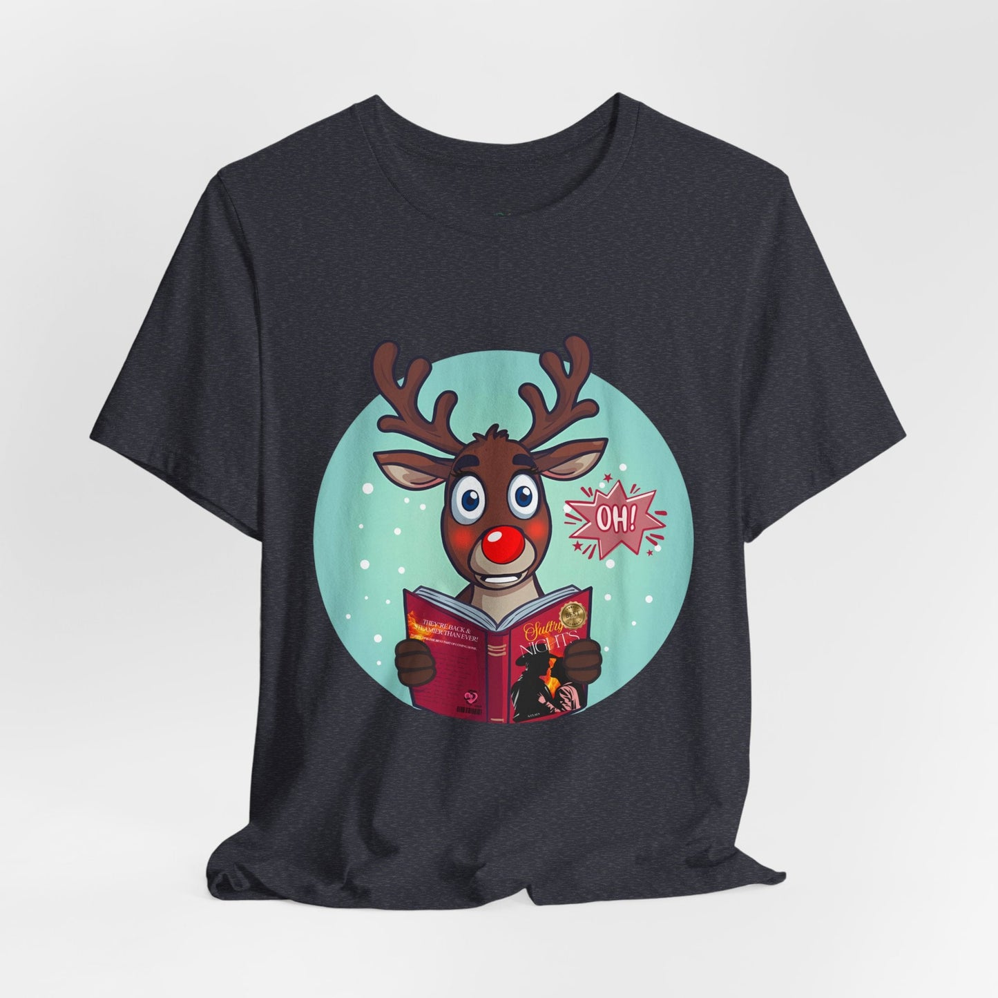 Teen/Adult Unisex Reindeer Shocked While Reading T-Shirt â€“ Funny Christmas Book Lover Design Printify