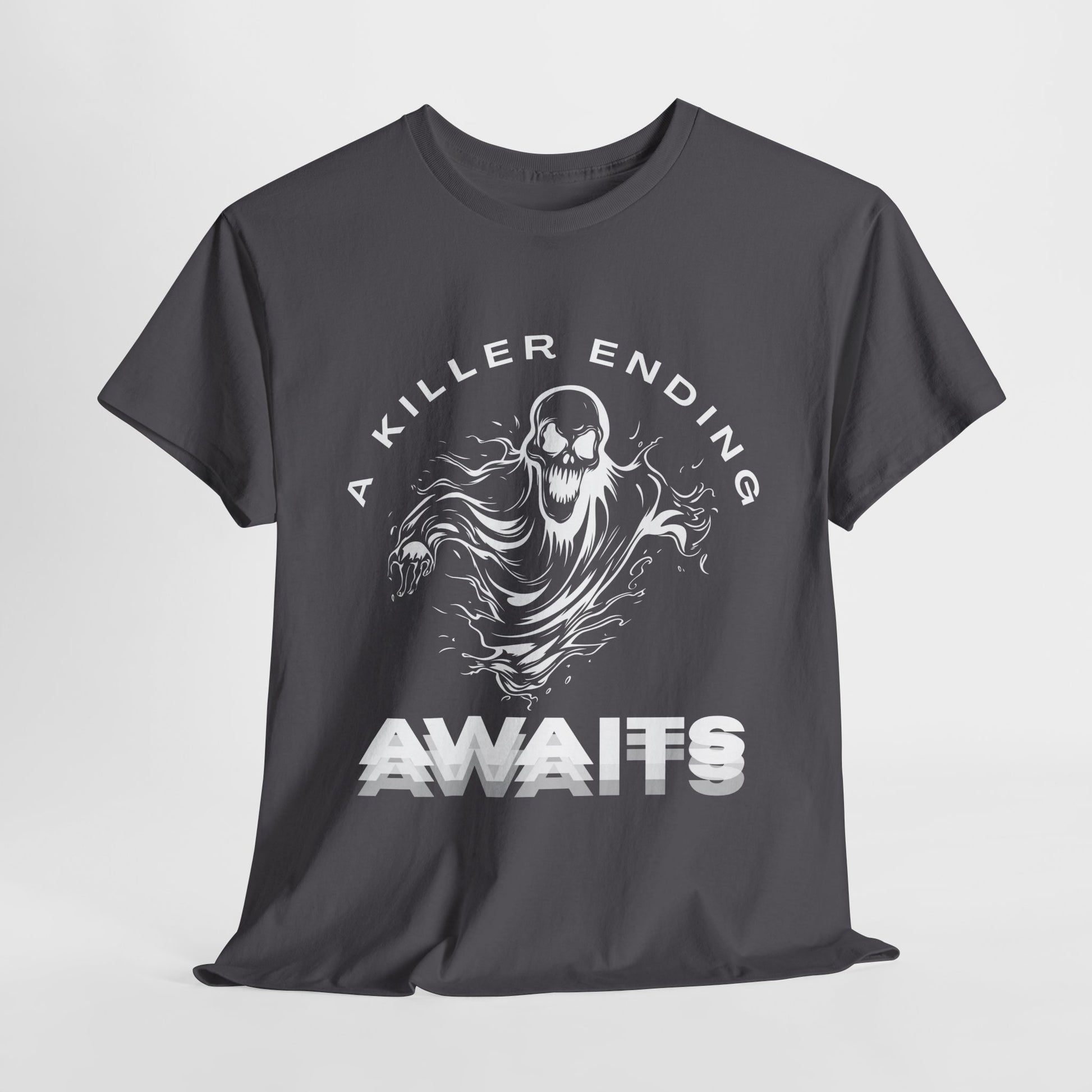Gray t-shirt with a screaming ghost / ghoul graphic and text 'A Killer Ending AWAITS' 