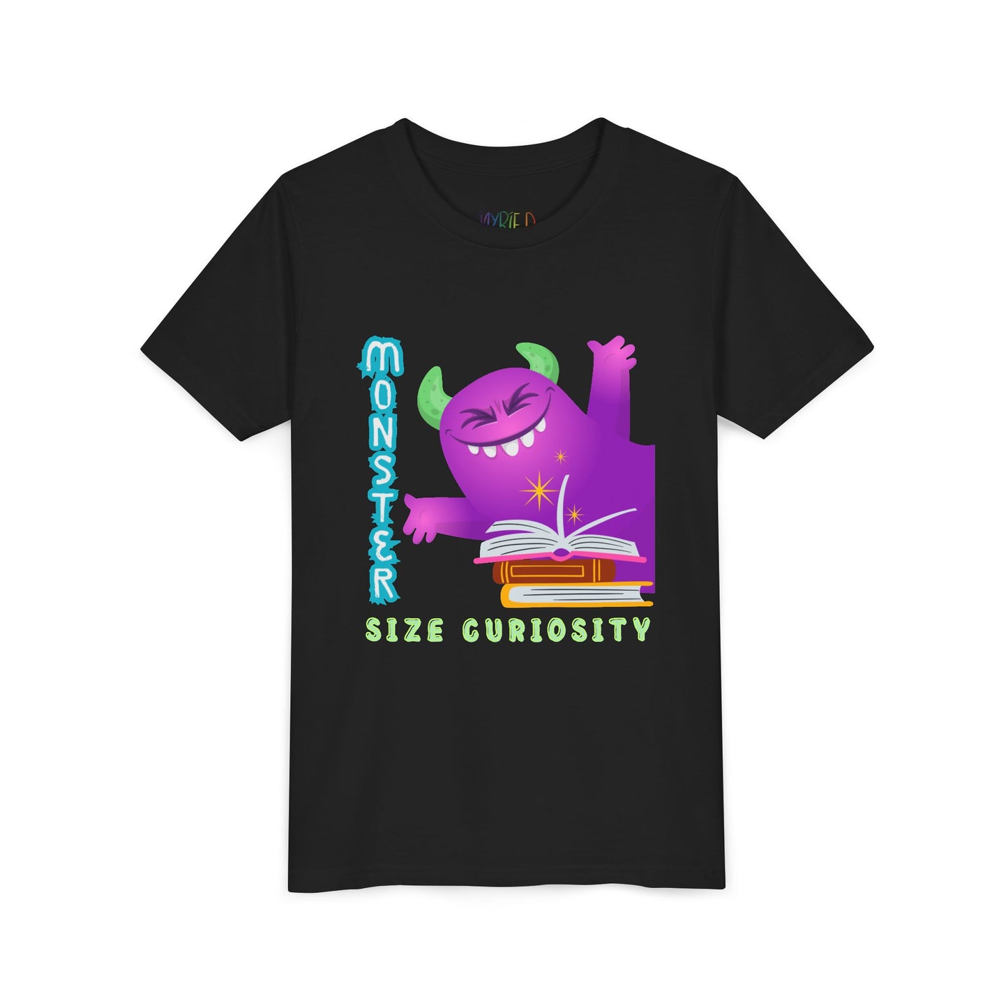 Black t-shirt with a purple monster leaning in from the edge of the page, a stack of books and text 'Monster Size Curiosity' 