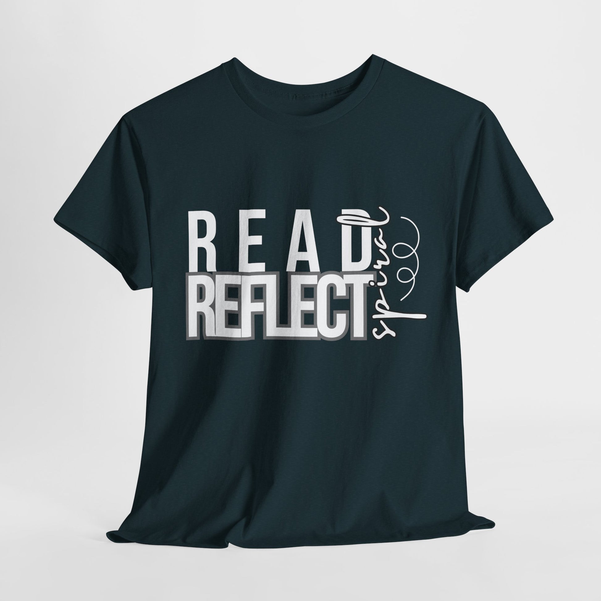 Dark t-shirt with bold white and gray text 'READ REFLECT SPIRAL' 
