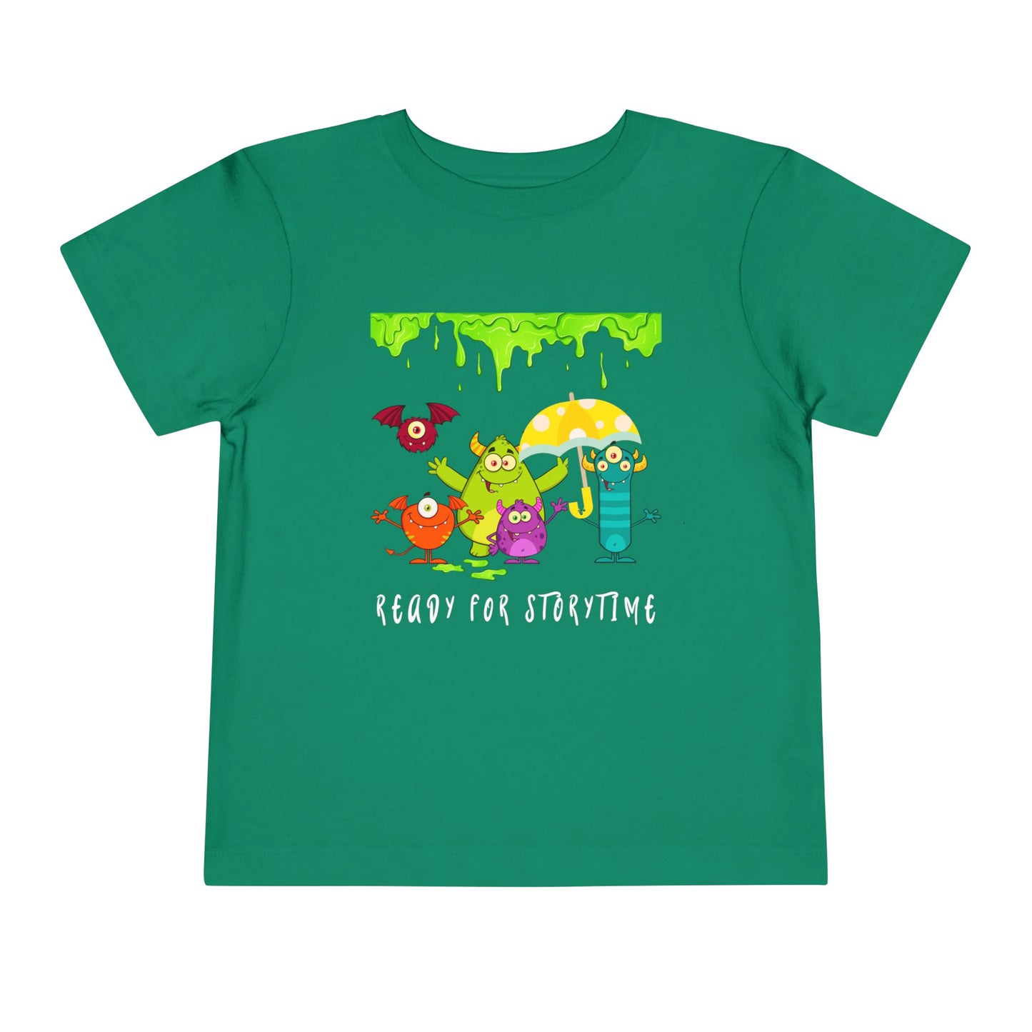 Green toddler t-shirt with colorful monster characters, an umbrella and green dripping slime, 'Ready for Storytime' text 