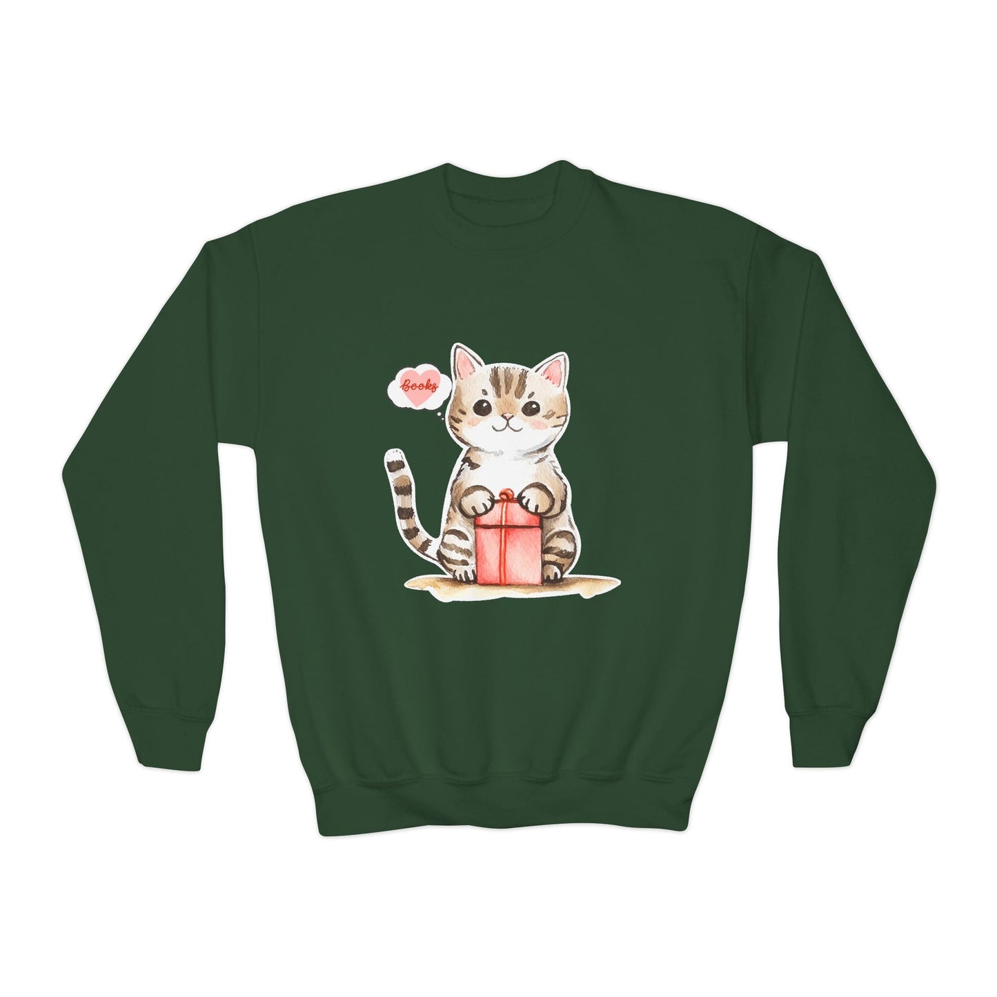 Youth Books & Kitty Gift Sweatshirt â€“ Cute Holiday Cat Design Printify