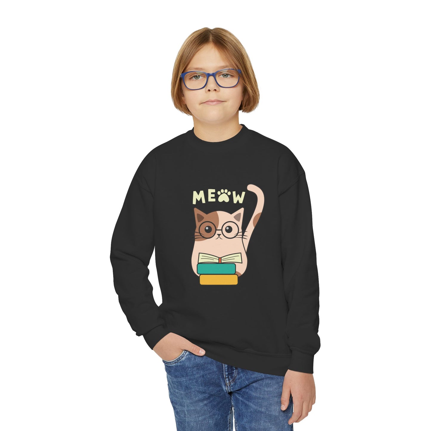 Boy wearing a black sweatshirt with a eyeglass wearing cat reading a book and text 'MEOW'