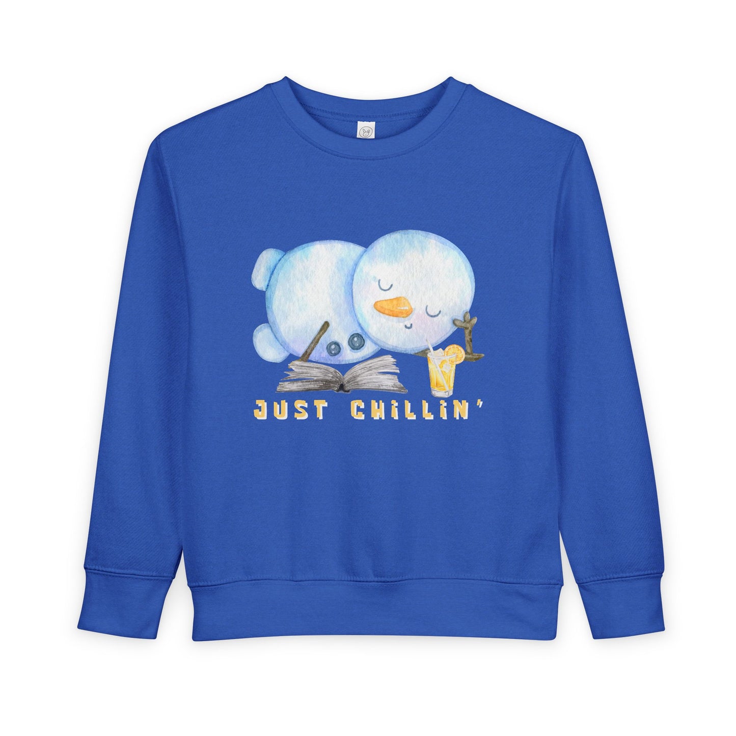 Blue toddler sweatshirt with cartoon snowman sipping an iced beverage while reading a book, and 'Just Chillin' text on a white background