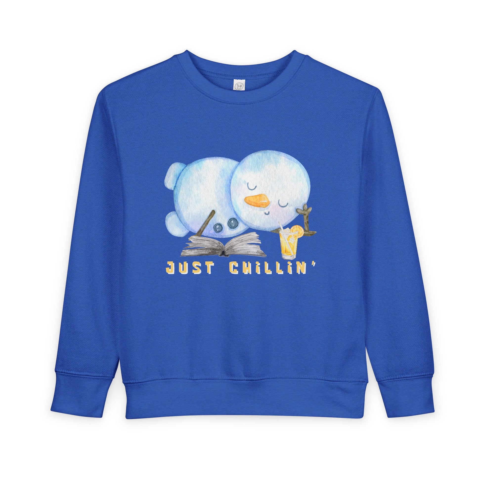Blue toddler sweatshirt with cartoon snowman sipping an iced beverage while reading a book, and 'Just Chillin' text on a white background