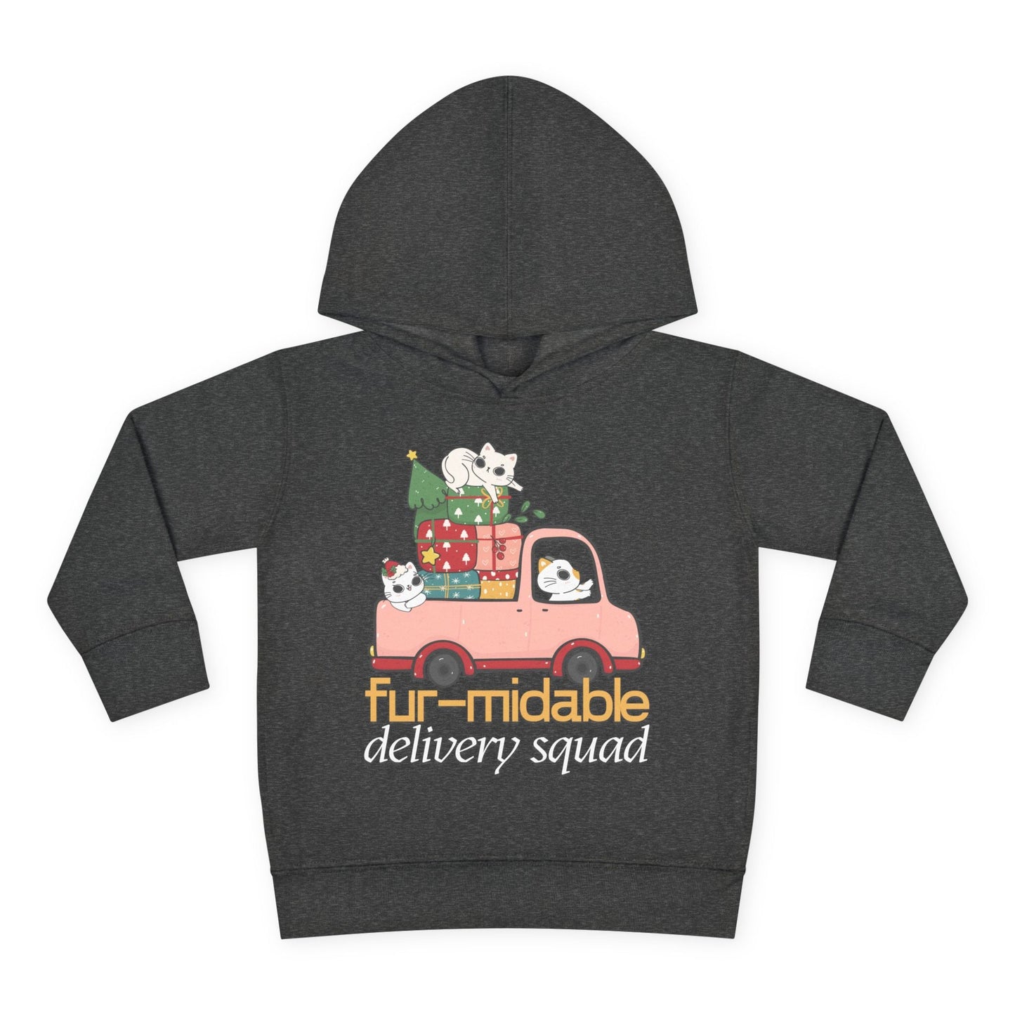 Dark gray toddler hoodie with a festive design of cats driving a truck full of Christmas presents and text 'fur-midable delivery squad'