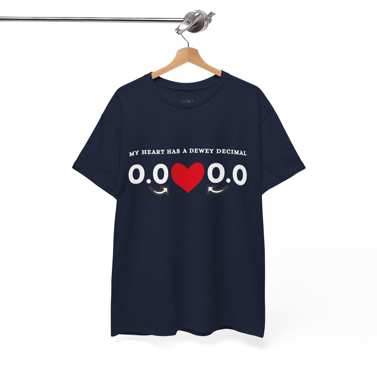 Dark blue t-shirt with a red heart, zeroes and decimals, text 'My Heart Has A Dewey Decimal' 