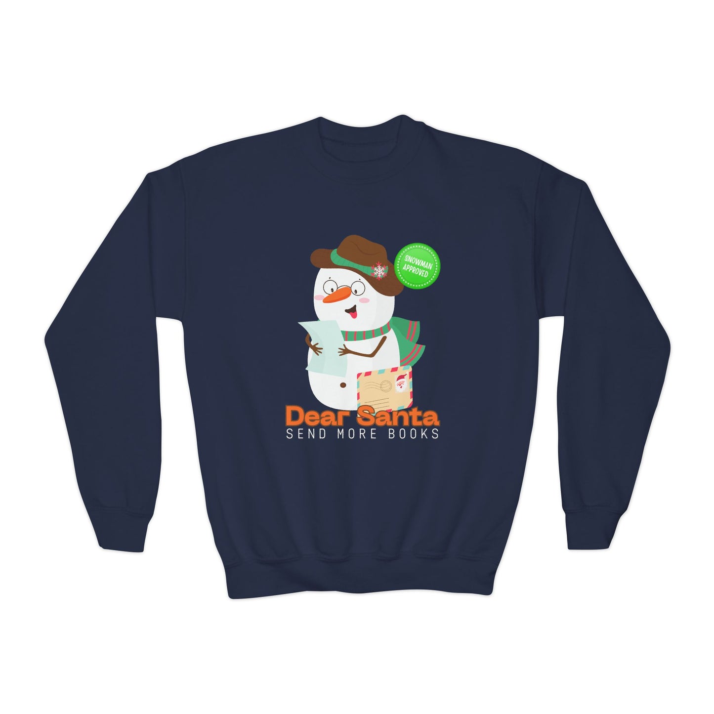 Navy blue sweatshirt with a snowman graphic reading a letter and text 'Dear Santa, Send More Books'