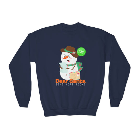 Navy blue sweatshirt with a snowman graphic reading a letter and text 'Dear Santa, Send More Books'