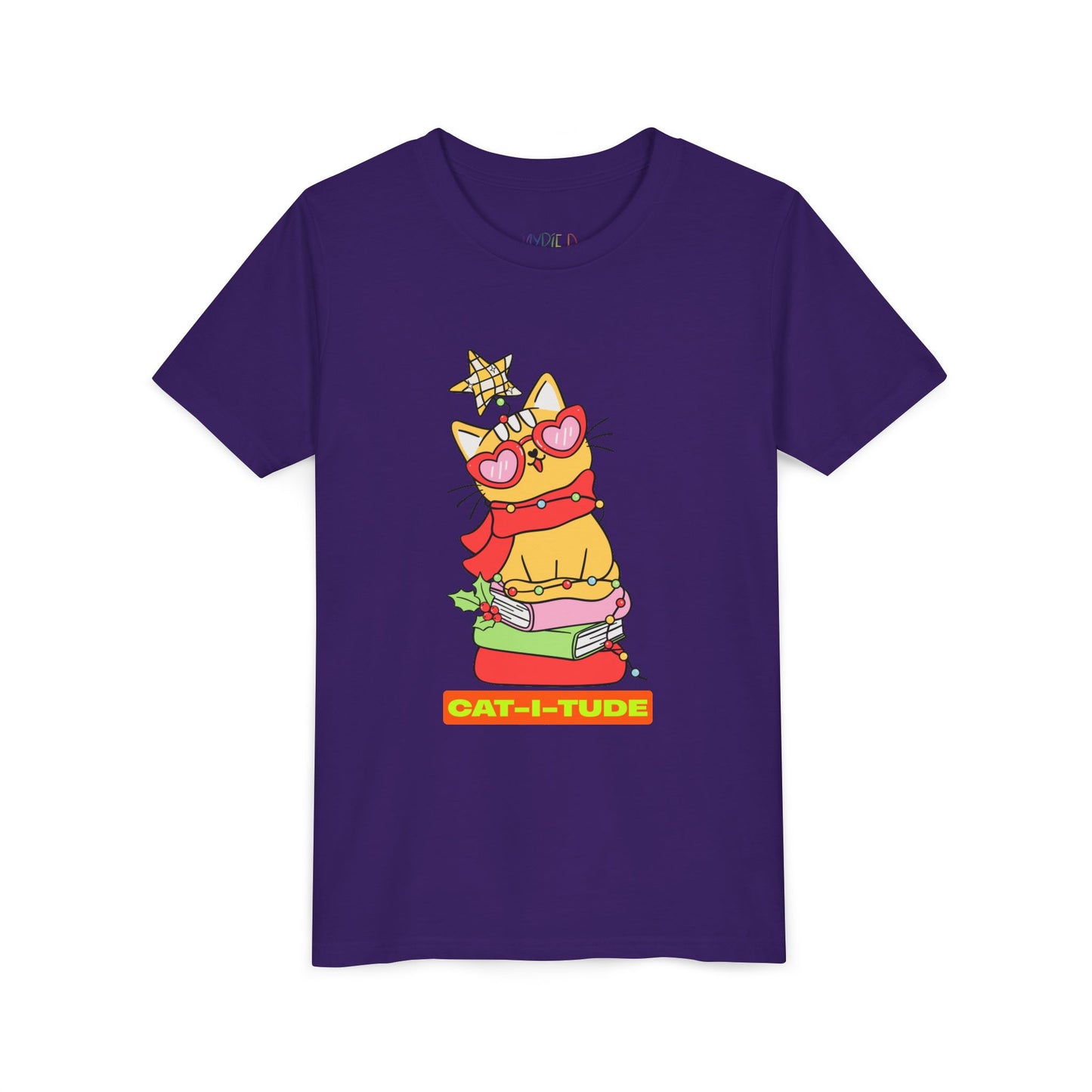 Purple t-shirt with a colorful cat graphic and 'CAT-I-Tude' text on a white background
