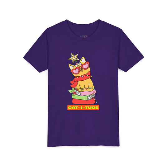 Purple t-shirt with a colorful cat graphic and 'CAT-I-Tude' text on a white background