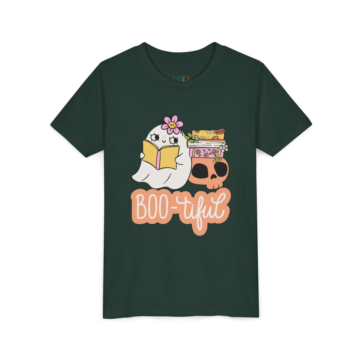 Dark green t-shirt with cartoon ghost leaning on a skull and stack of books while reading and text 'BOO-tiful'