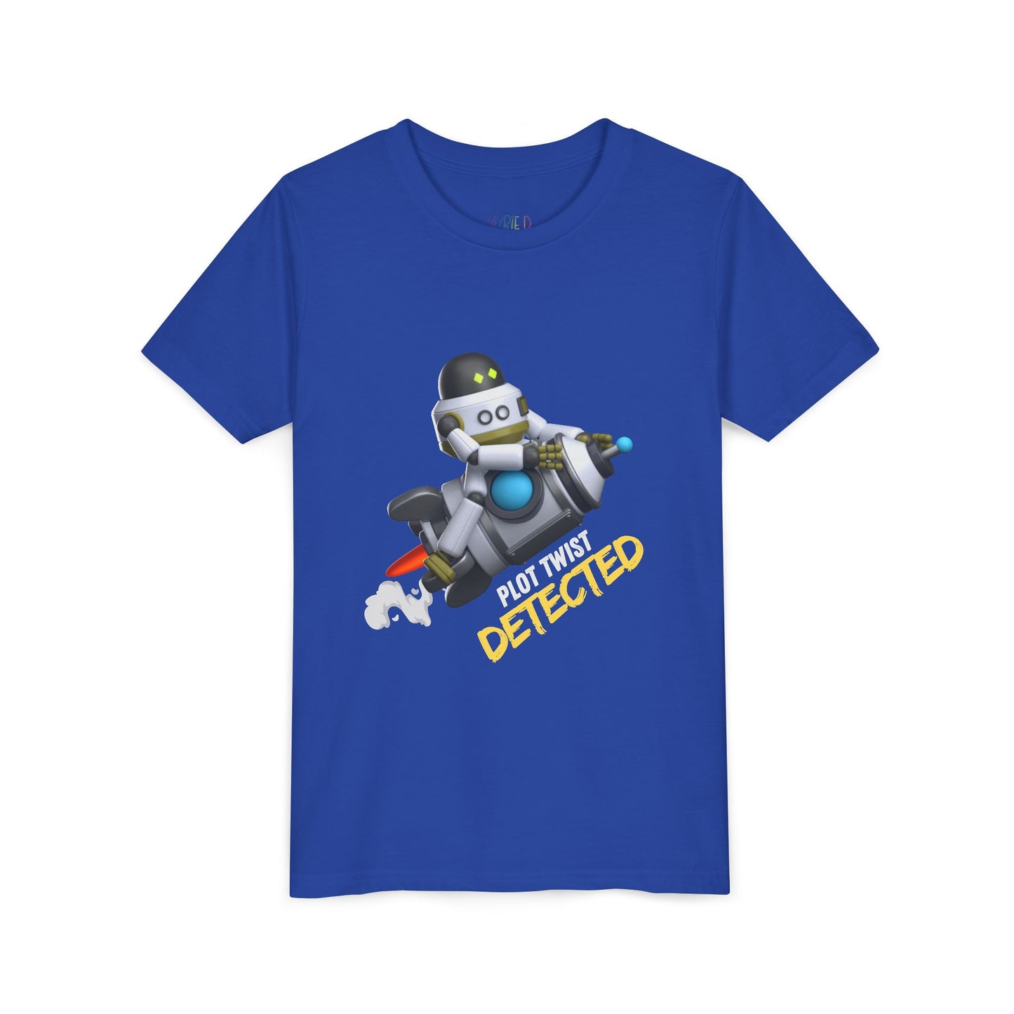 Blue t-shirt with robot riding a rocket and text 'Plot Twist Detected' 