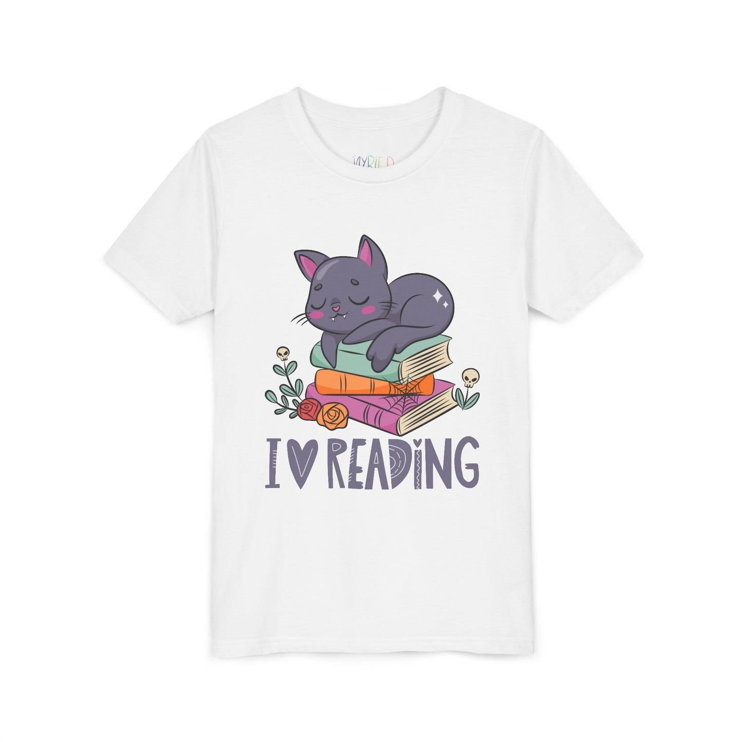 White t-shirt with a cat snoozing on a stack of books and 'I love reading' text 