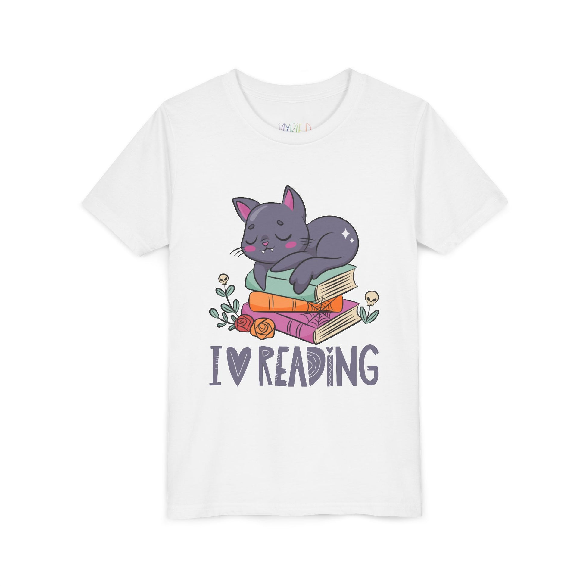 White t-shirt with a cat snoozing on a stack of books and 'I love reading' text 