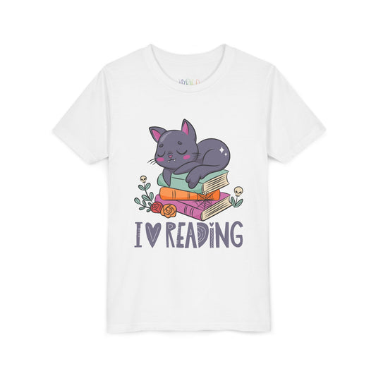 White t-shirt with a cat snoozing on a stack of books and 'I love reading' text 
