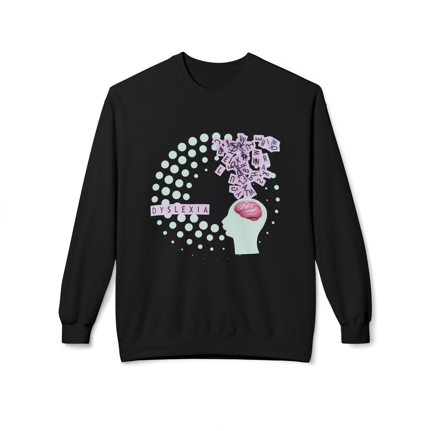 Black sweatshirt with swirling letters dyslexia graphic design 