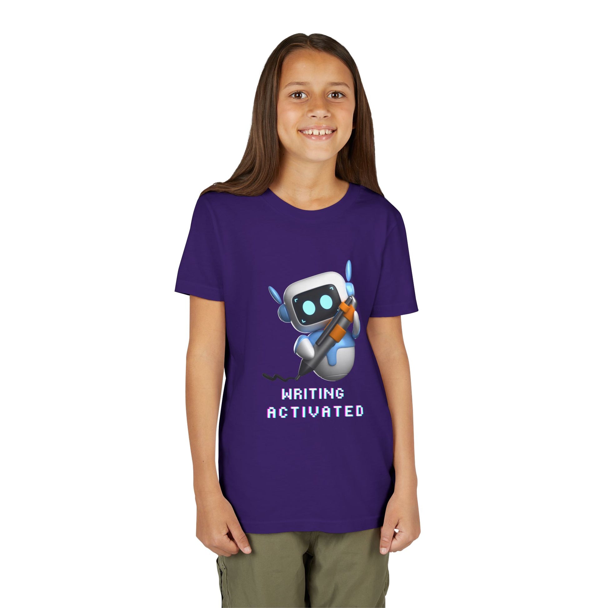 Girl wearing a purple t-shirt with a robot graphic and 'Writing Activated' text 