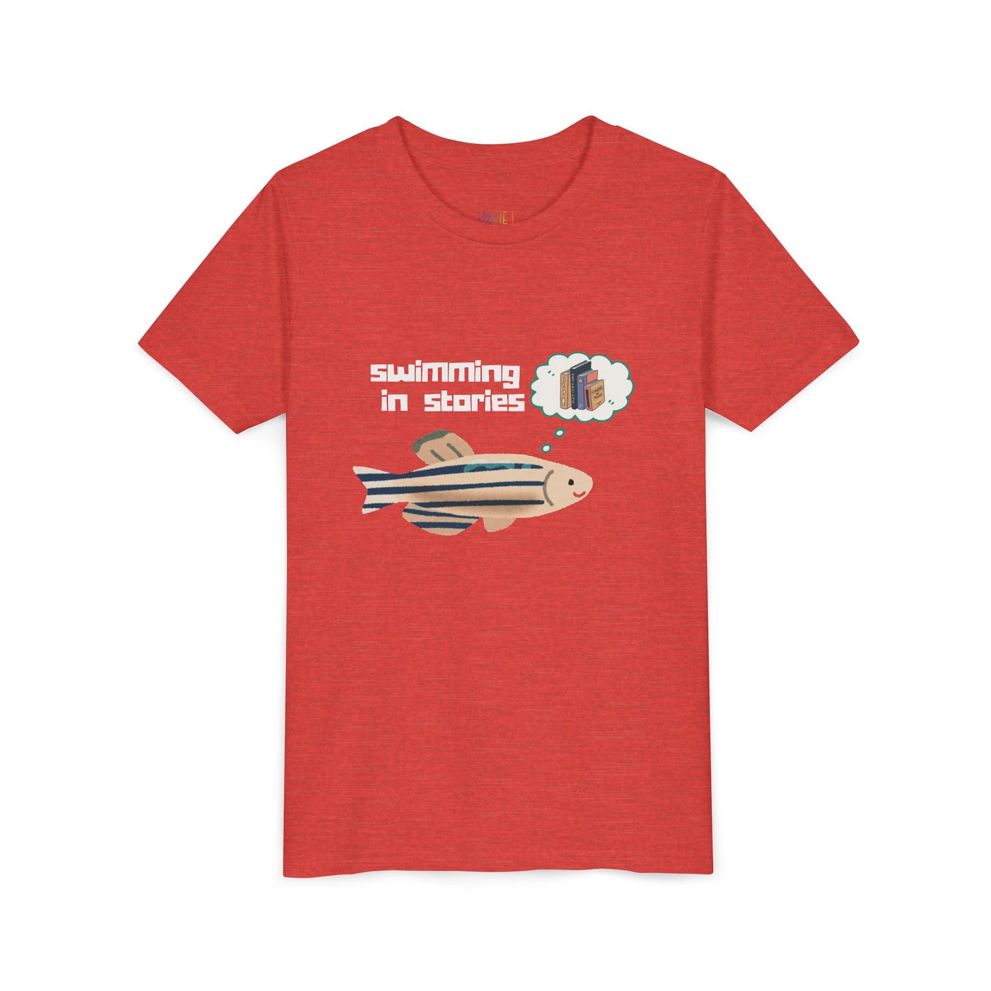 Red t-shirt with a fish graphic and text 'swimming in stories' 