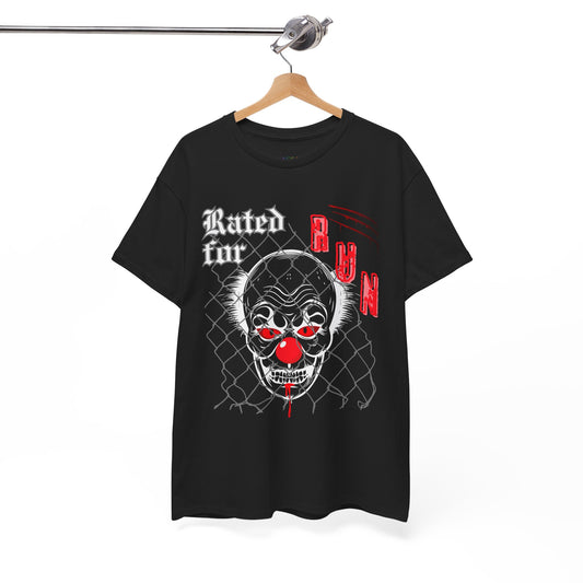 Black horror t-shirt with a graphic design of a scary clown face behind chain linked fence and text 'Rated for R' on a hanger against a white background