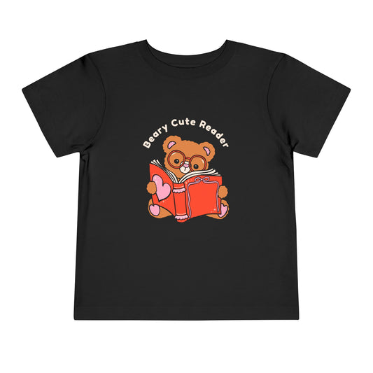 Black toddler t-shirt with a bear reading a book and 'Beary Cute Reader' text 