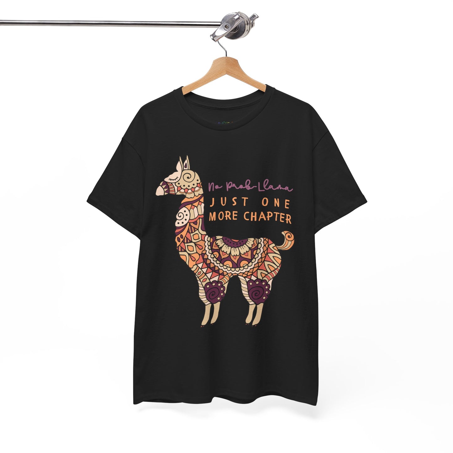 Black t-shirt with a decorative llama graphic and text 'No Prob Llama, Just One More Chapter'