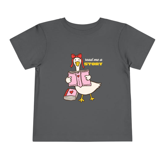 Gray toddler t-shirt with a cartoon duck with books and 'read me a story' 