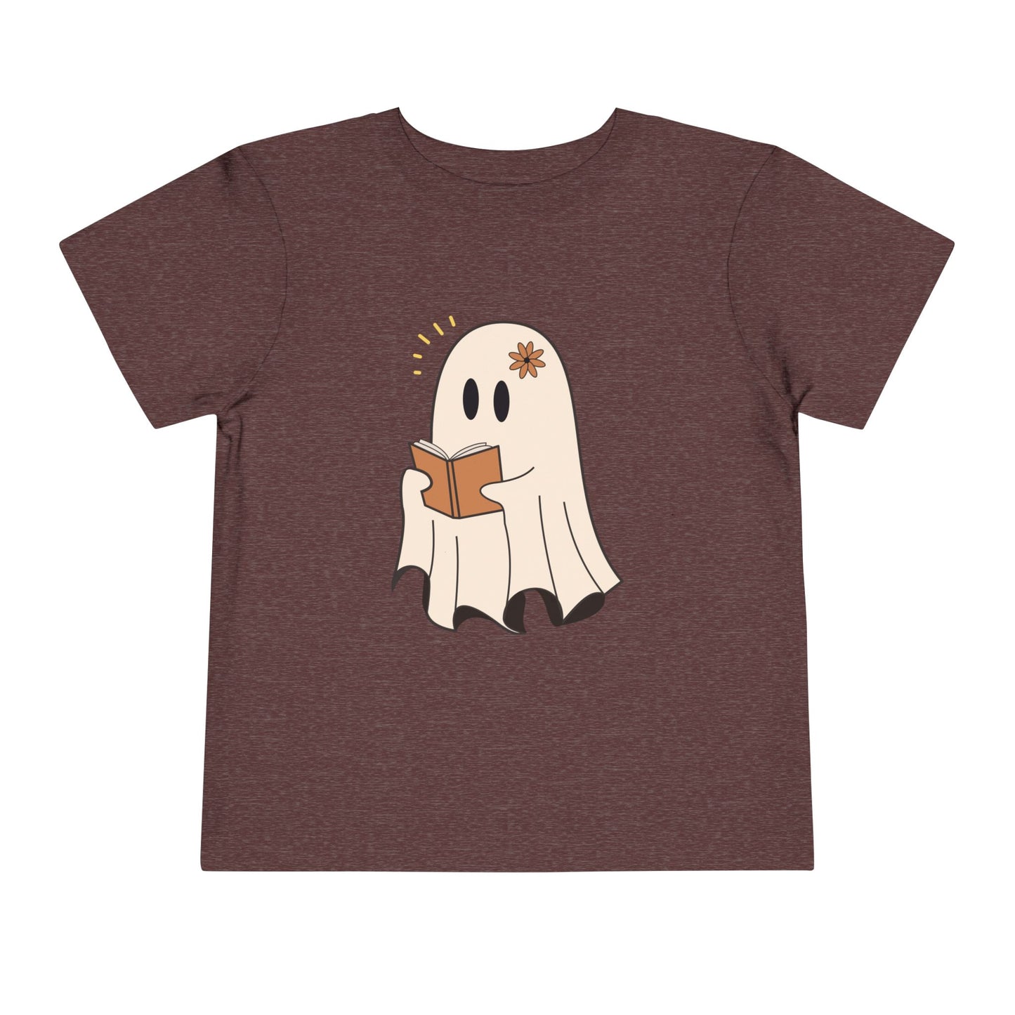 Maroon toddler t-shirt with a cartoon ghost reading a book 