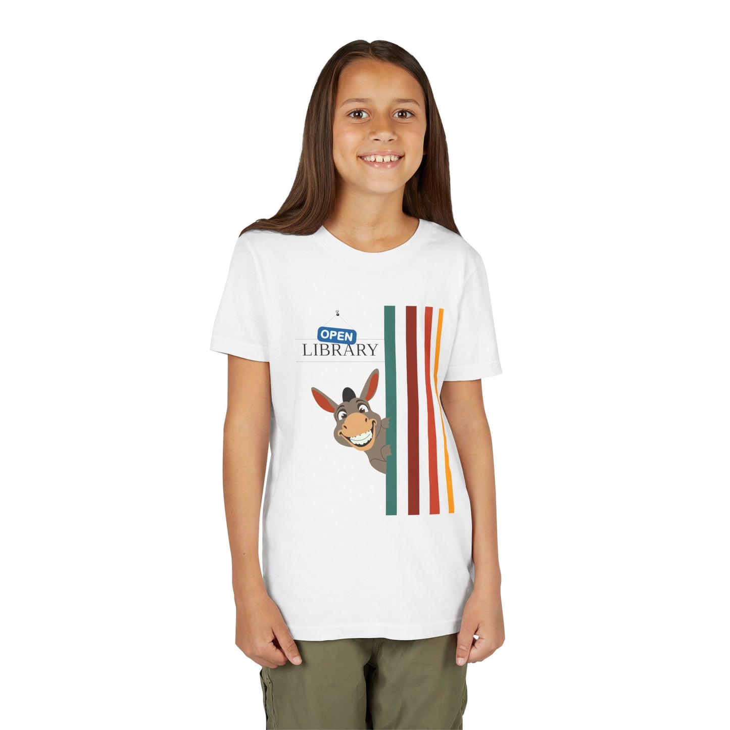 Girl wearing a white t-shirt with cartoon donkey peaking around a rainbow wall and text 'Open Library'