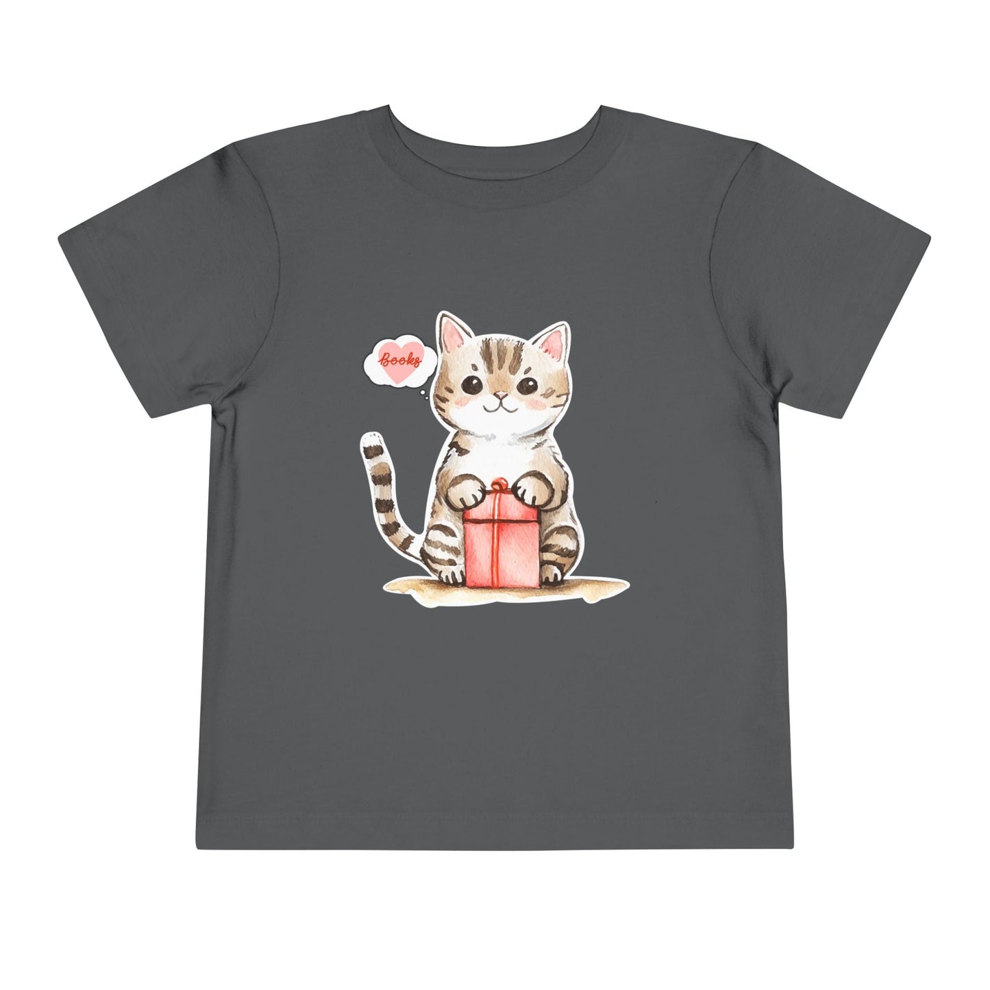 Gray toddler t-shirt with a cat holding a gift box and a thought bubble of books, on a white background
