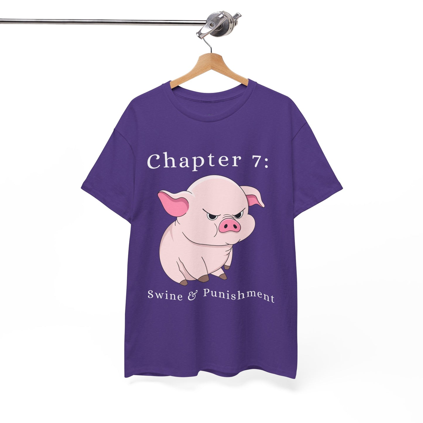 Purple t-shirt with an angry cartoon pig and text 'Chapter 7: Swine & Punishment'