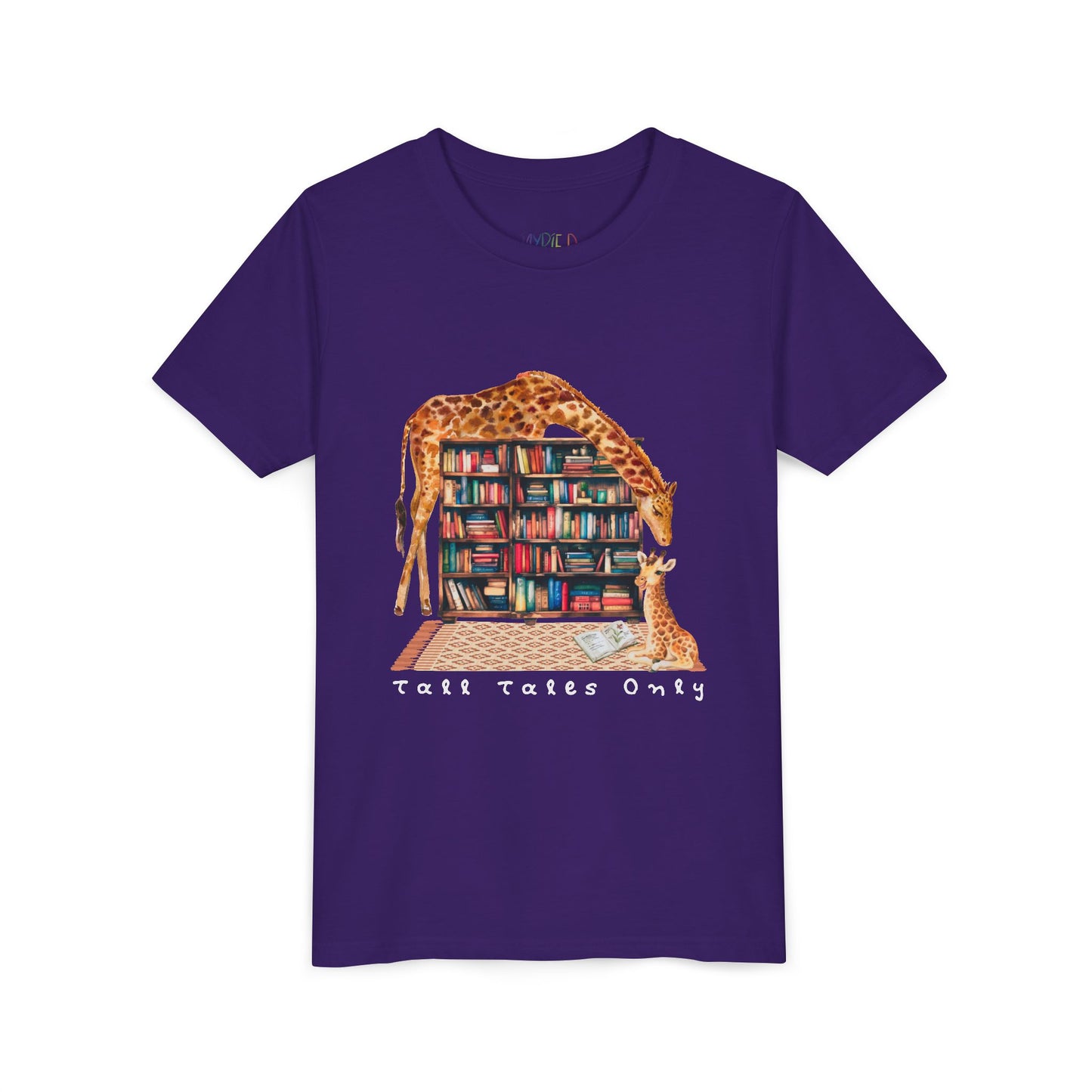 Purple t-shirt with a graphic of giraffes in a library and 'Talk Tales Only' text 