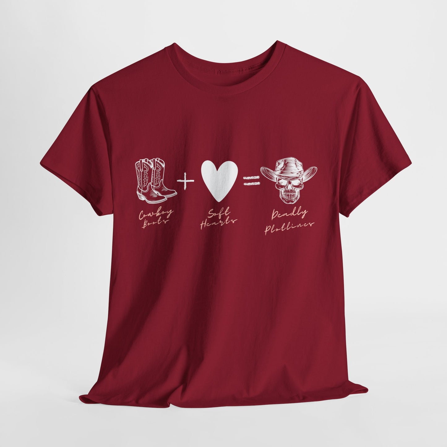 Teen/Adult Unisex Tee – Cowboy Boots + Soft Heart = Deadly Plotline