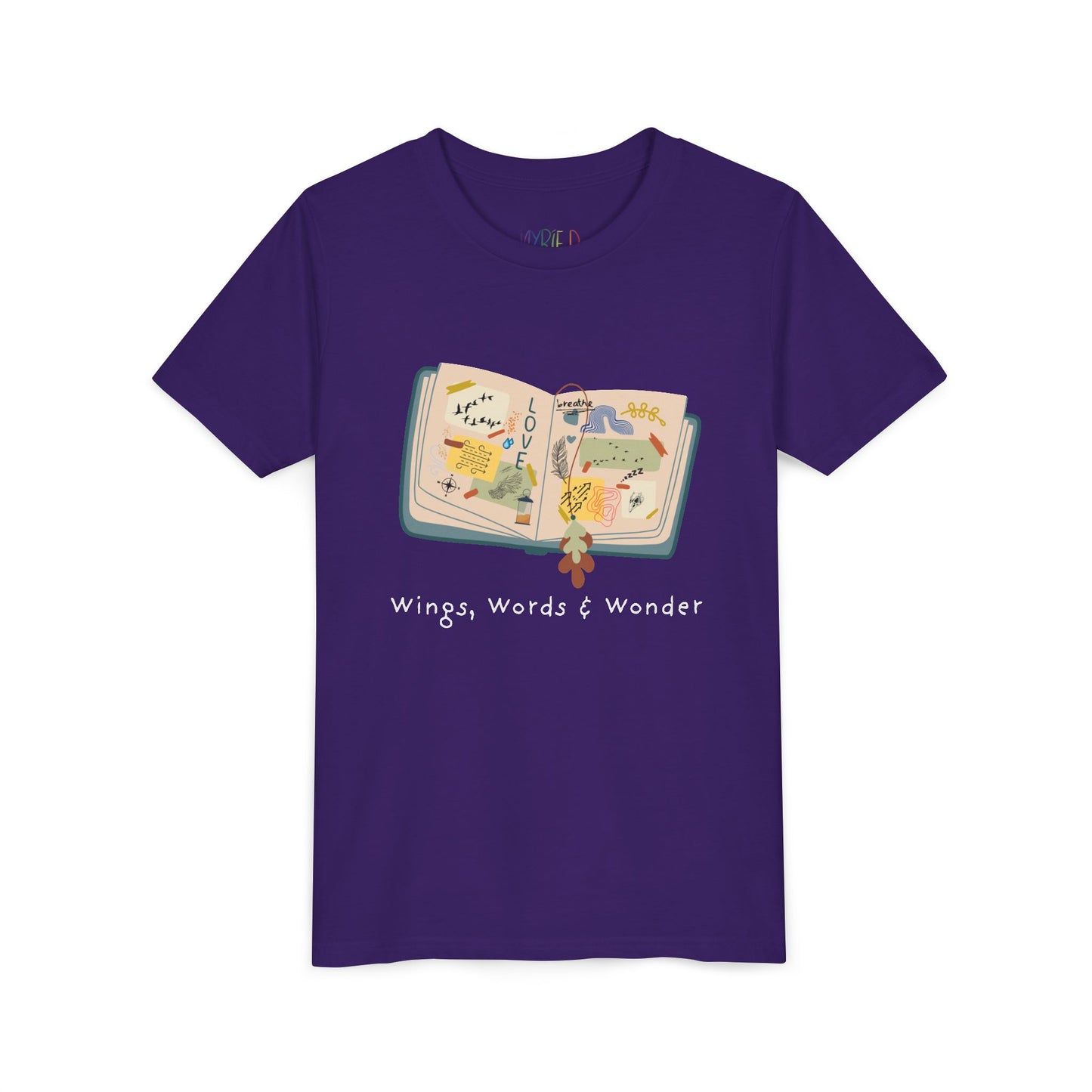Purple t-shirt with an open scrap book  and text 'Wings, Words & Wonder' 