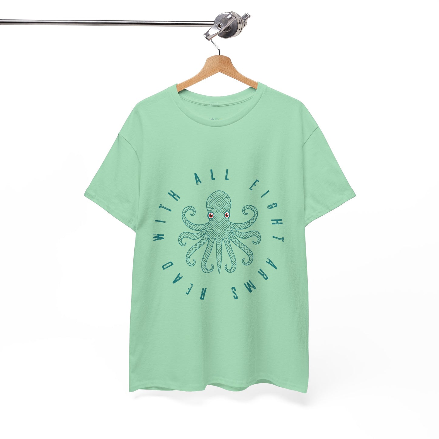 Light green t-shirt with a red eyed octopus and text 'Read With All Eight Arms'
