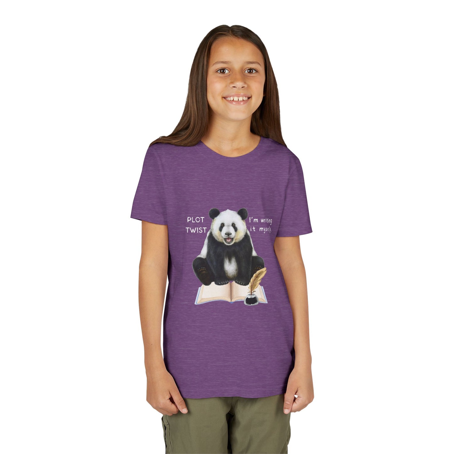 Girl wearing a light purple t-shirt with a panda graphic and text 'Plot Twist I'm Writing It Myself'