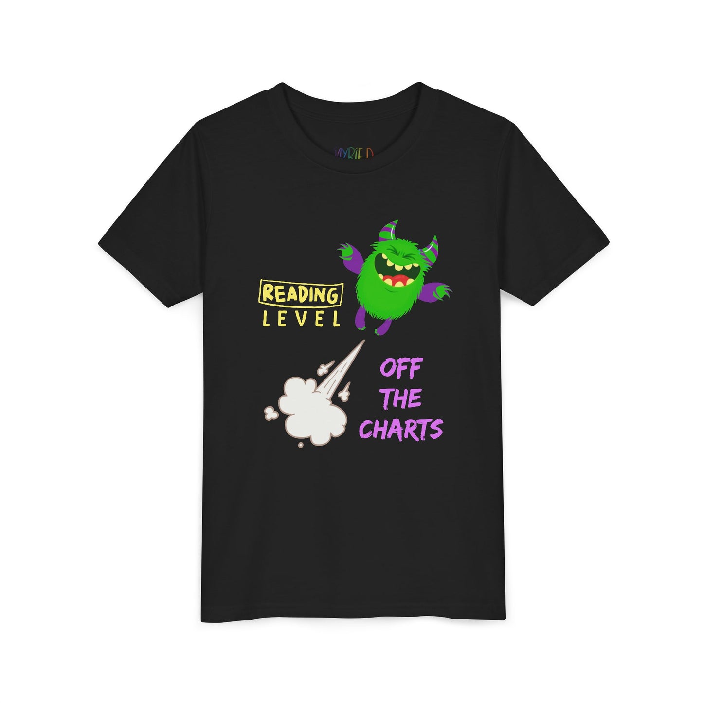 Black t-shirt with a green monster blasting off and text 'Reading Level Off The Charts'