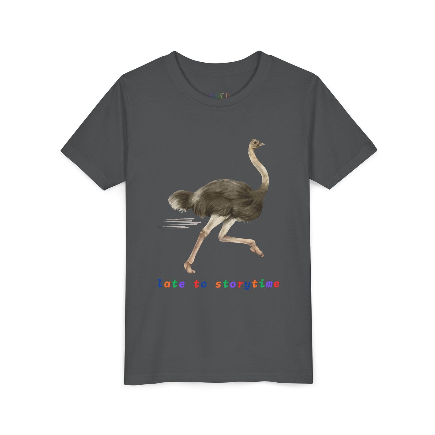 Youth Late to Storytime Tee – Funny Ostrich Shirt for Bookish Speedsters