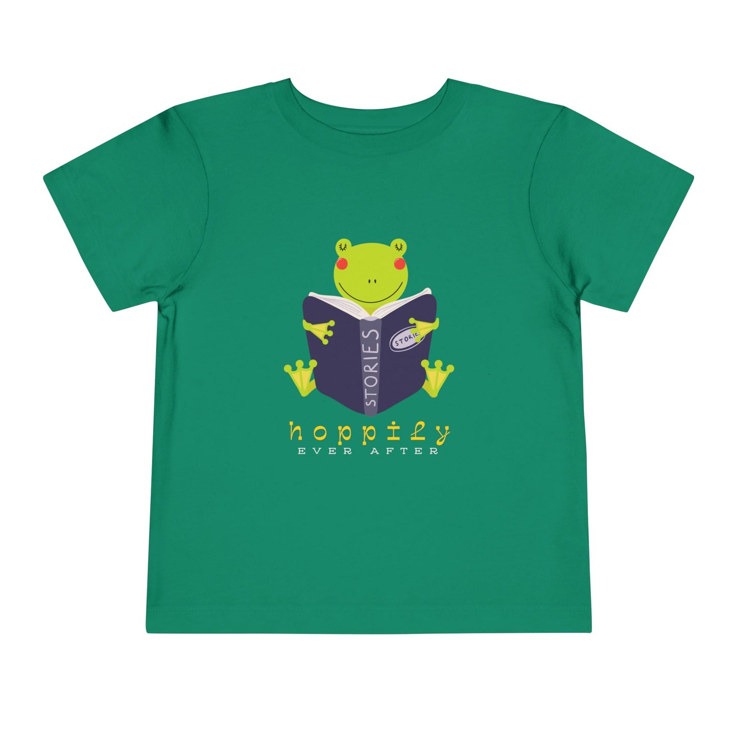 Green toddler t-shirt with a frog reading a book graphic and text 'Hoppily Ever After'
