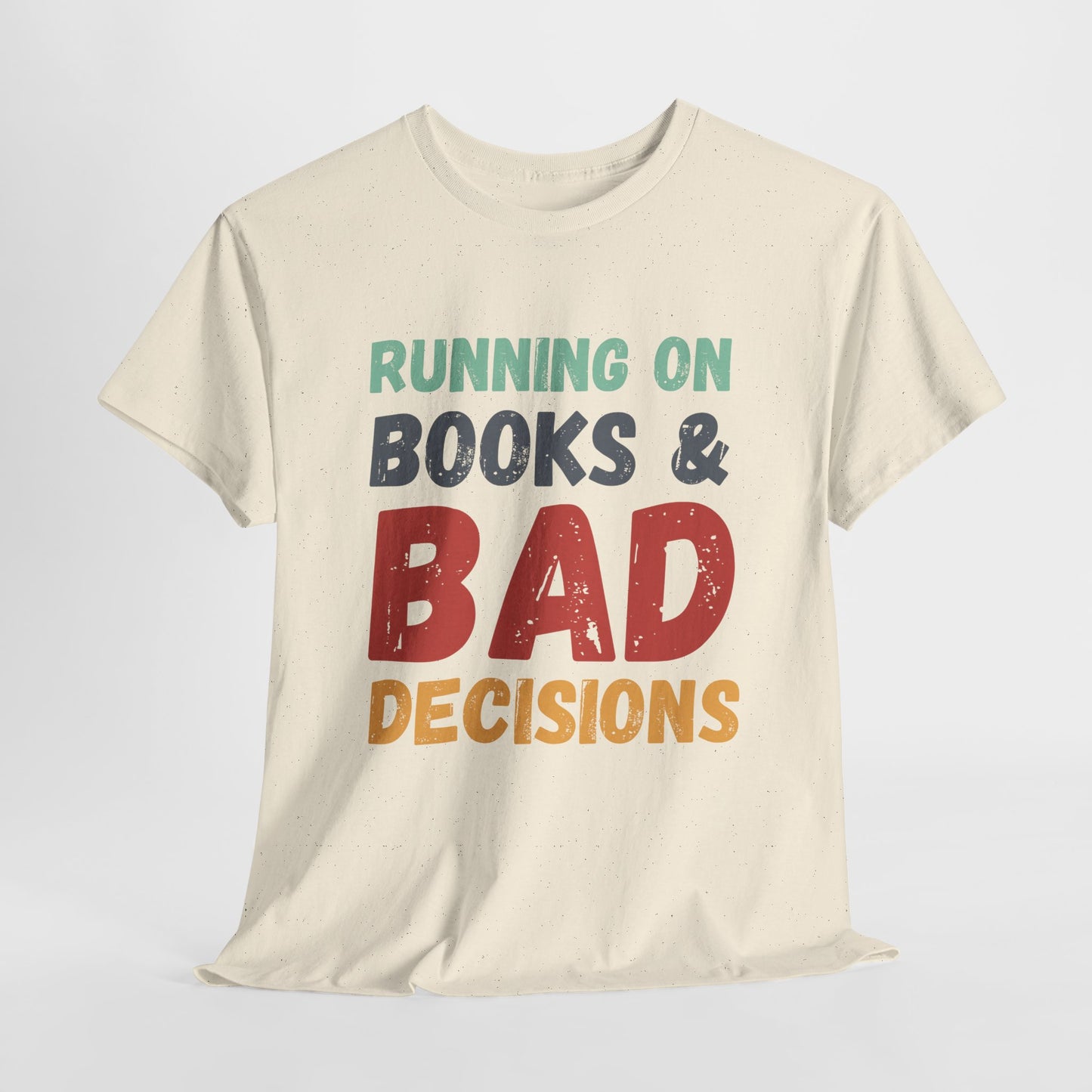Teen/Adult Unisex Running on Books & Bad Decisions Tee – Funny Retro Reader Shirt for Book Addicts