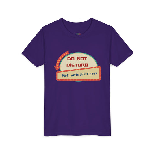 Purple t-shirt with a do not disturb sign and text 'Plot Twists In Progress' 