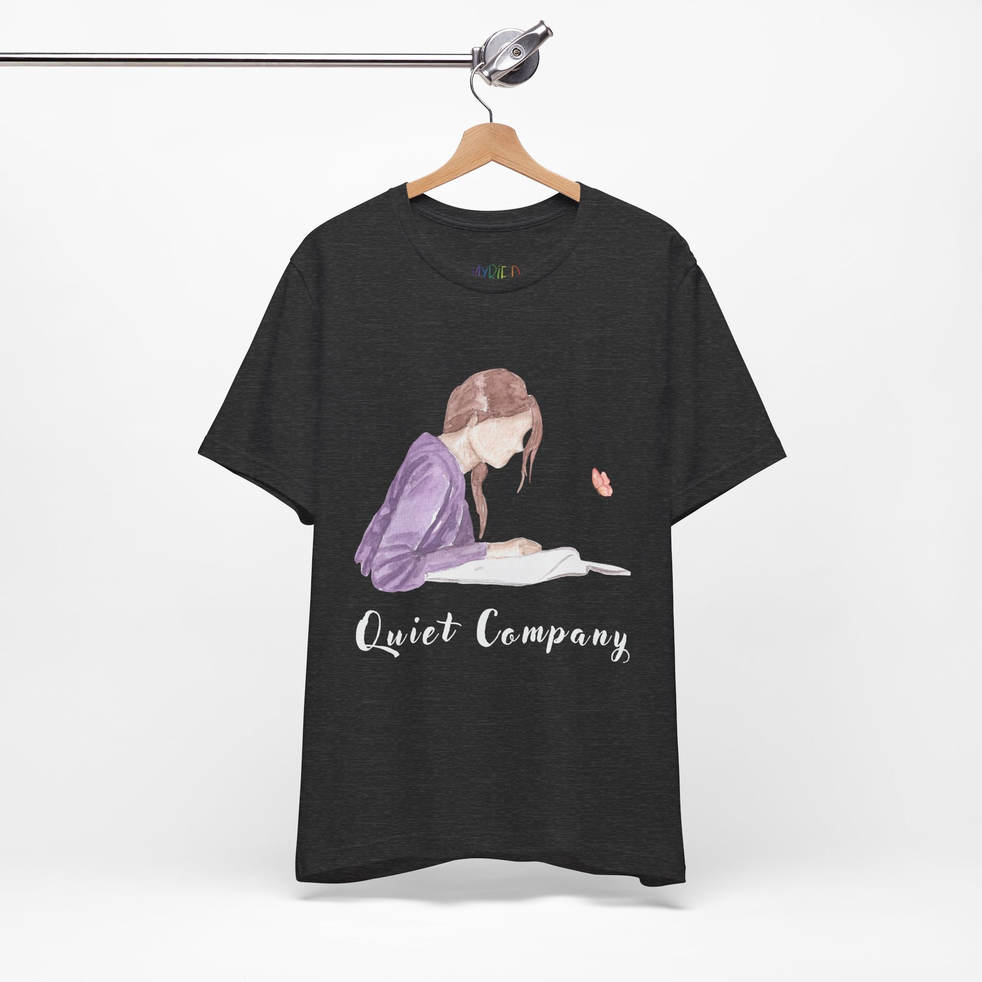 Dark gray t-shirt with a graphic of a girl reading a book and the text 'Quiet Company' 