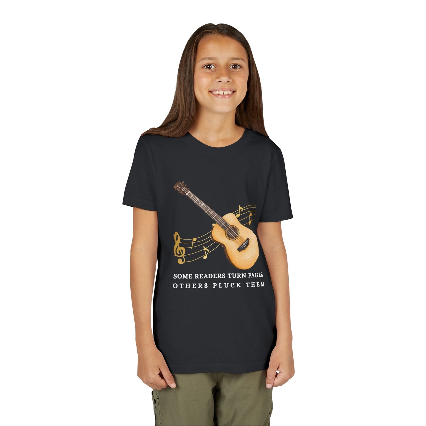 Girl wearing a black t-shirt with a guitar graphic, music notes and text 'some readers turn pages others pluck them'