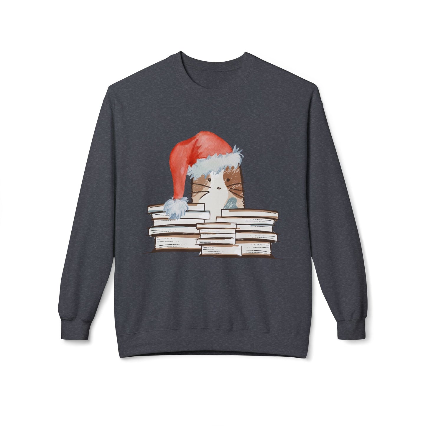 Teen/Adult Unisex Santa Hat Cat with Books Sweatshirt â€“ Cozy Holiday Reading Kitty Design Printify