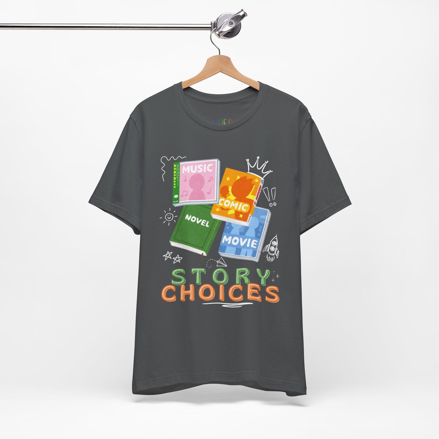 Gray t-shirt with different kinds of audio and visual media, surrounded by doodles and text 'Story Choices' 