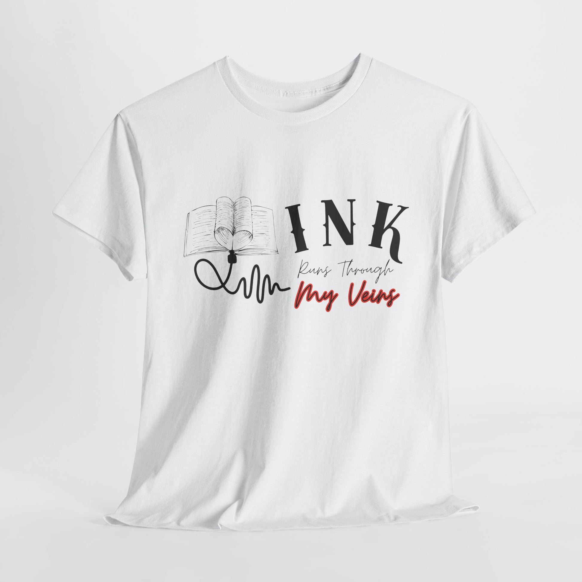 White t-shirt with a very clever design featuring a black and white book hooked to a black I.V. (intravenous), black and red text 'INK Runs Through My Veins'