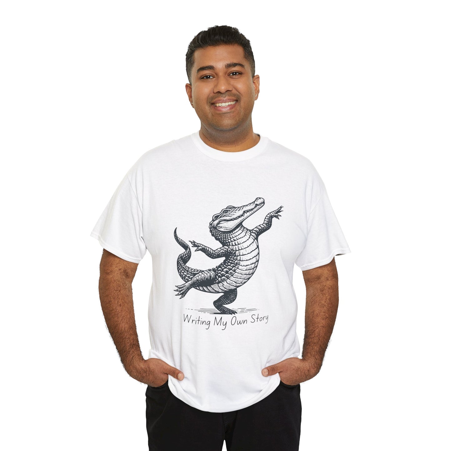 Man wearing a white t-shirt with dancing alligator graphic and text 'Writing My Own Story' 