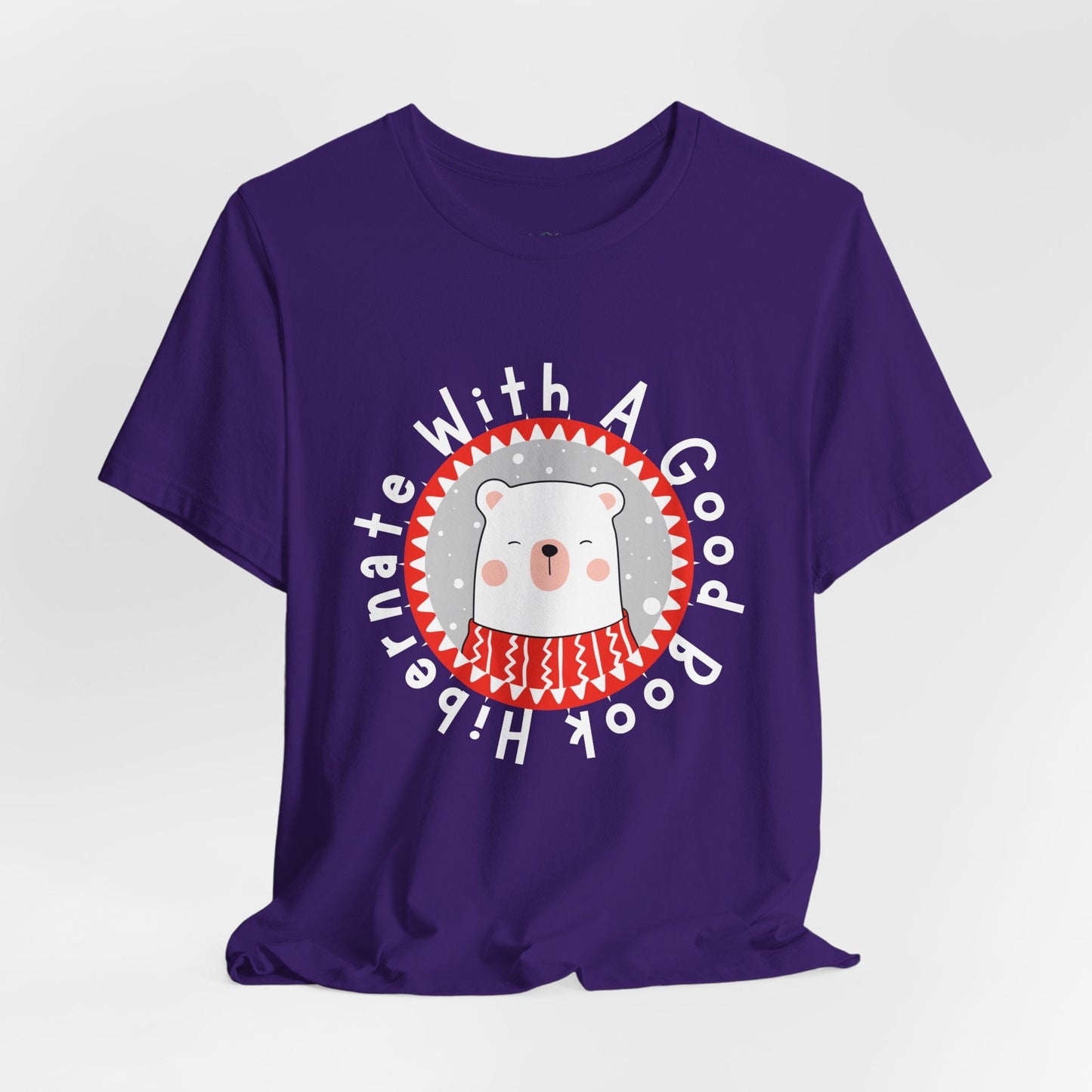 Teen/Adult Unisex Hibernate With A Good Book T-Shirt â€“ Cozy Winter Polar Bear Reading Design Printify