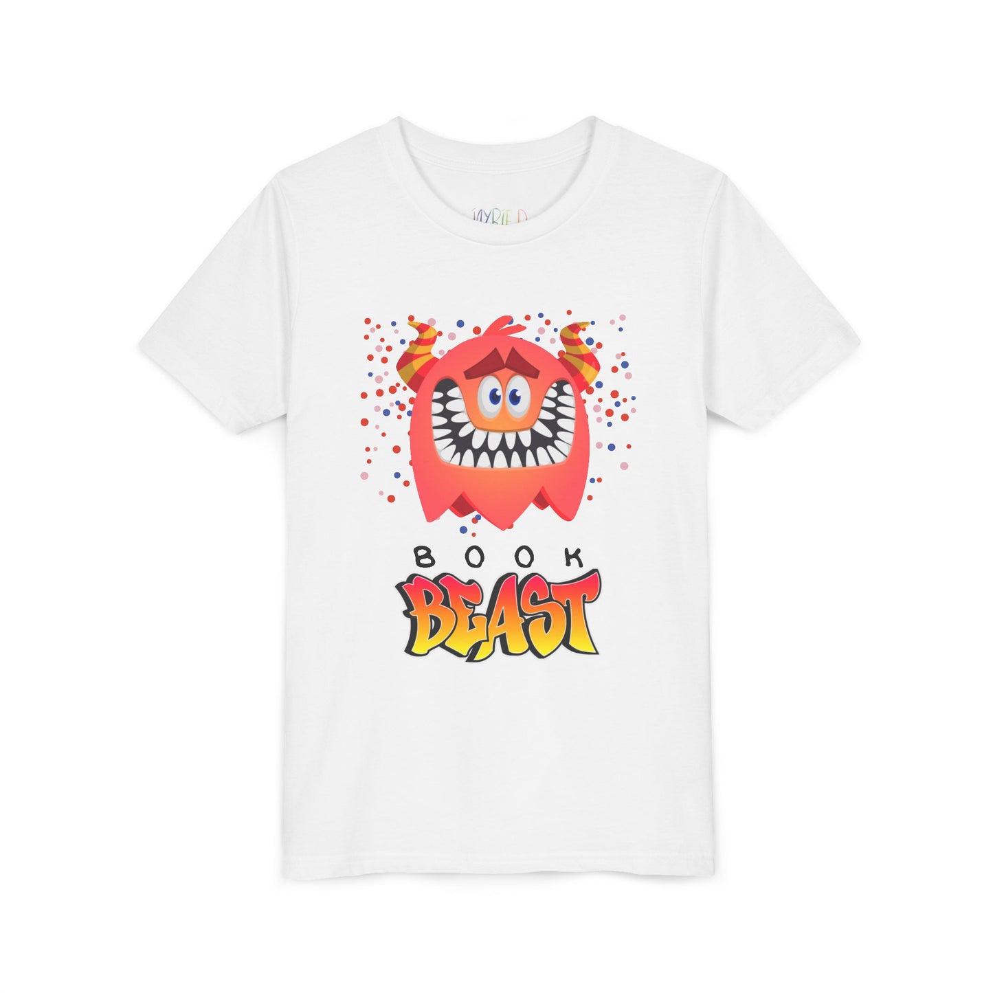 White t-shirt with a sheepish, toothy, red monster surrounded by confetti and text 'BOOK BEAST' 